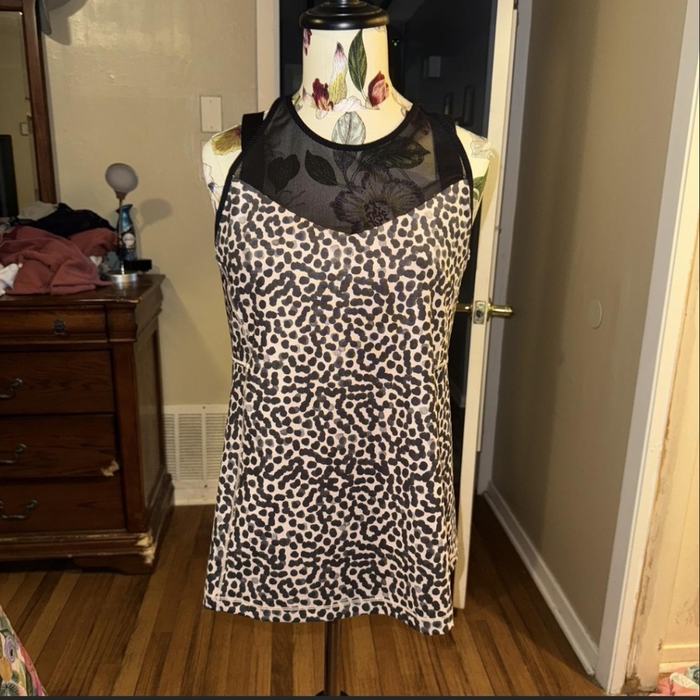Lululemon SpottedPrint Sleeveless Top with Black Mesh Size 10